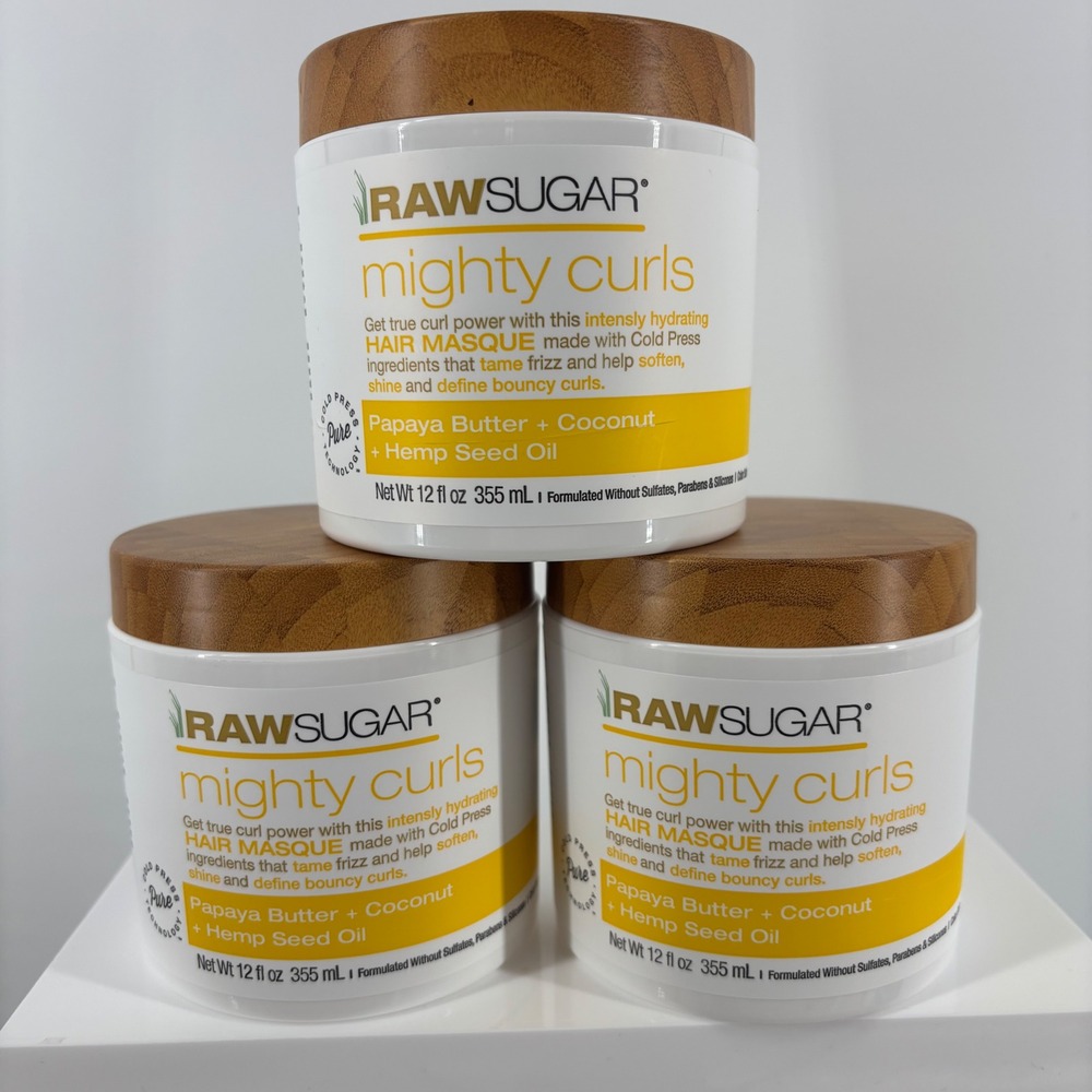 3 Pack Raw Sugar Mighty Curls Hair Masque Papaya Butter Coconut Hemp Oil‎ 12oz